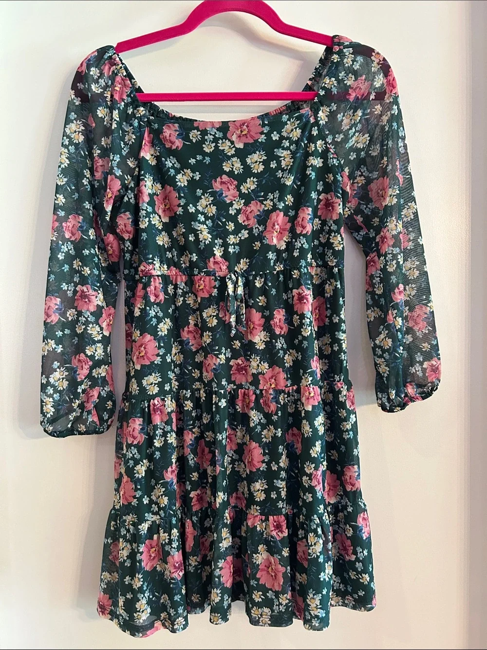 Three Hearts Girls Green Dress with Pink Floral Print